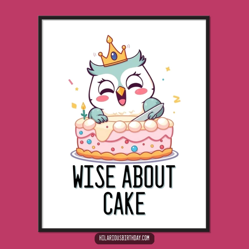Funny Owl Birthday Poster: Joyful Cake Cutting Art, Vibrant Celebration Decor