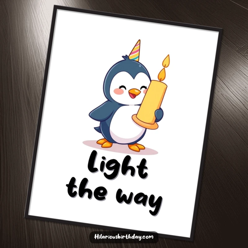 Funny happy penguin character waddling with a giant birthday candle, printed as wall art poster.