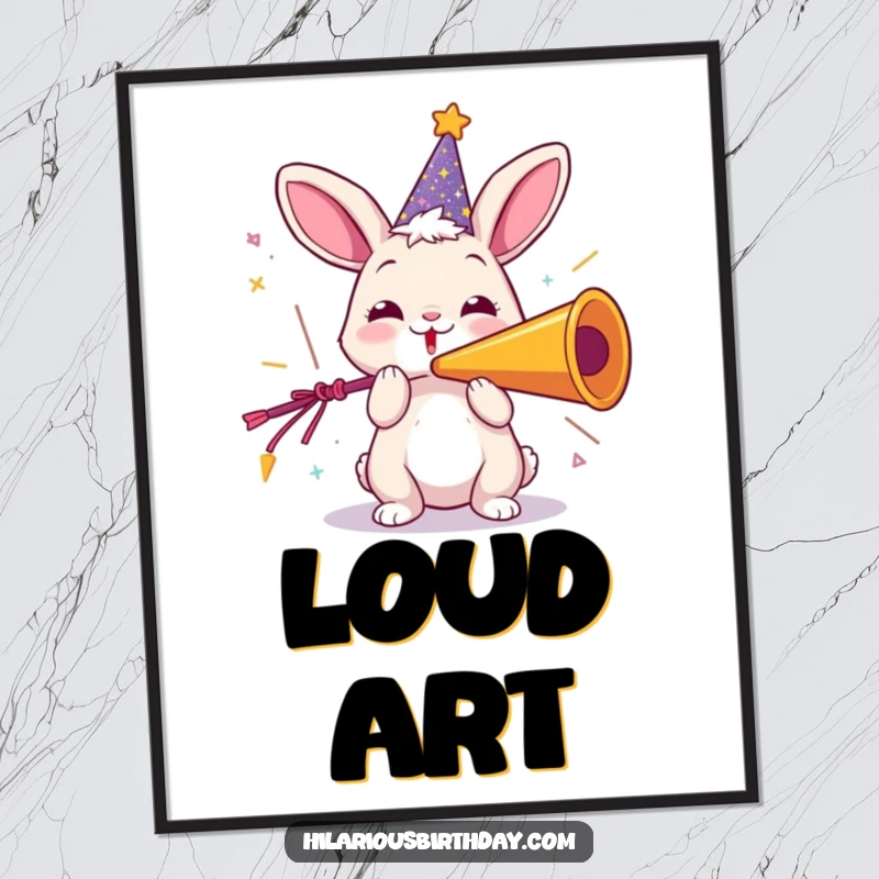Funny poster illustration of a playful rabbit in a sparkly party hat, joyfully blowing a giant party horn, bringing festive cheer.