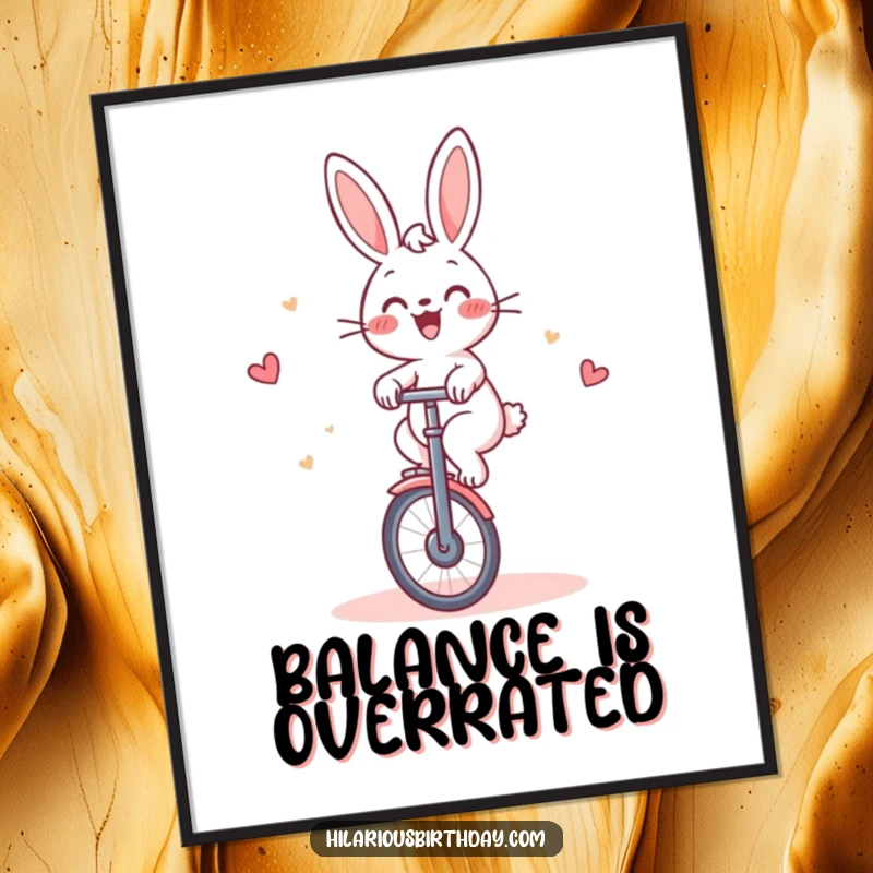 Funny Rabbit Poster: Cheerful rabbit gleefully riding a unicycle around a cake, vibrant wall art.