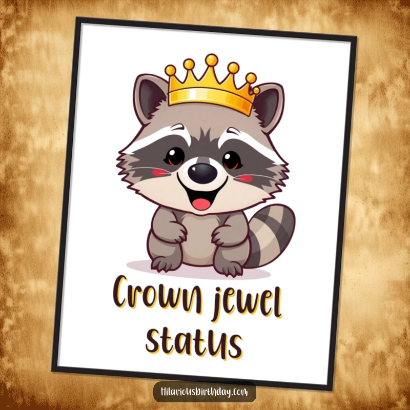 Funny happy raccoon character triumphantly wearing a shiny golden crown on this humorous wall art poster, radiating regal joy, a fantastic funny gift.