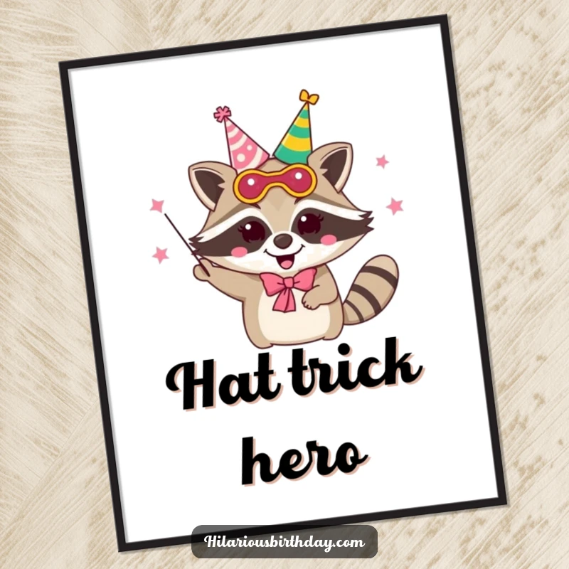 Funny delighted raccoon character wearing a party mask and juggling party hats, printed as wall art poster.