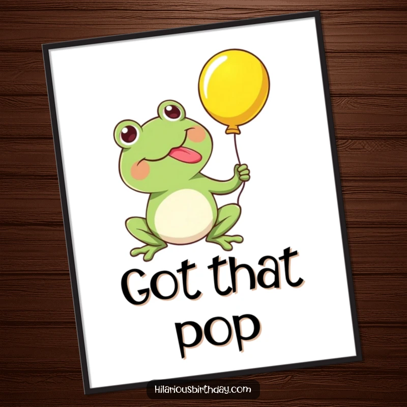 Funny poster print of a kawaii frog character happily popping a balloon with its tongue, adding a splash of surprising humor to any room.