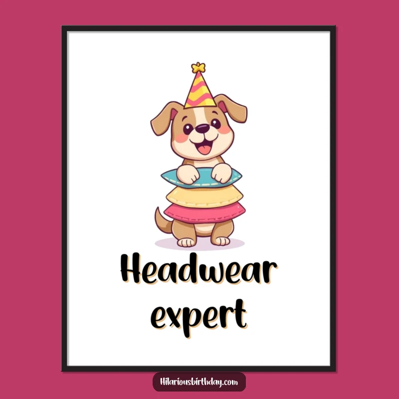 Funny Dog Party Hats Poster: Hilarious Balancing Act - A Joyful Funny Gift Print