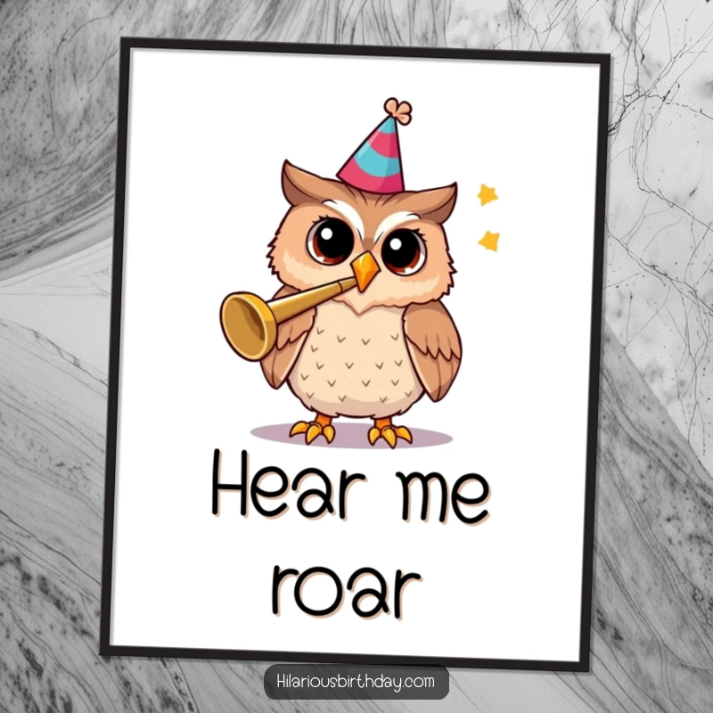 Funny poster art of a cheerful owl wearing a party hat and playing a trumpet.