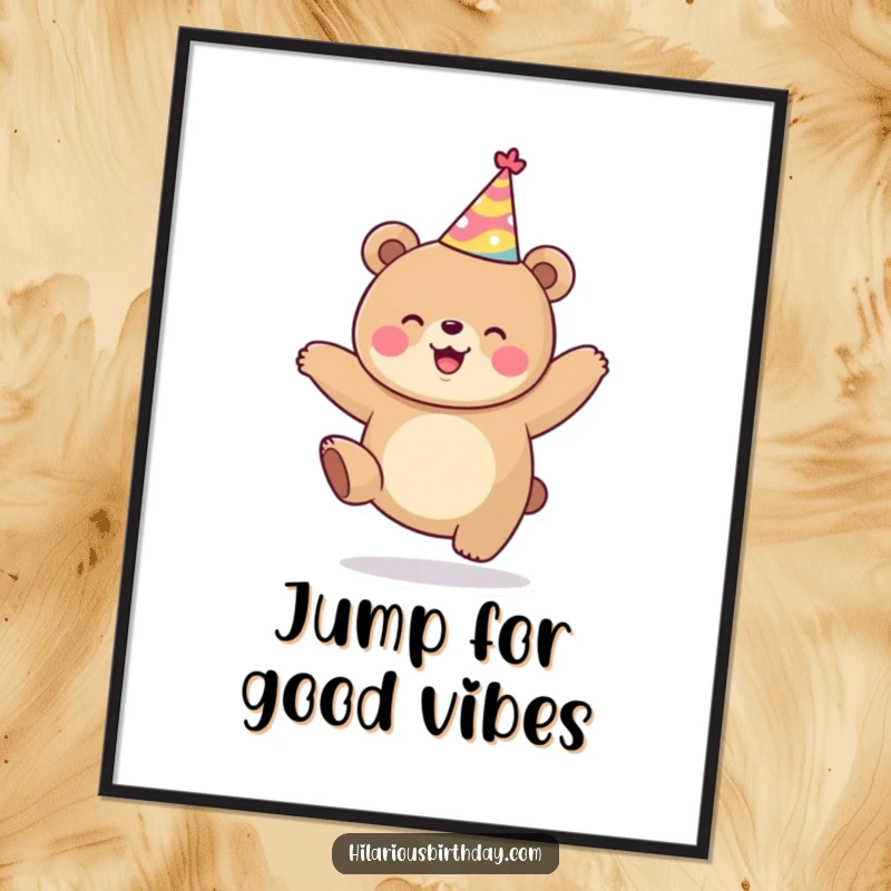 Funny kawaii bear in party hat, joyfully jumping up and down, cute wall art, perfect funny gift for decor.