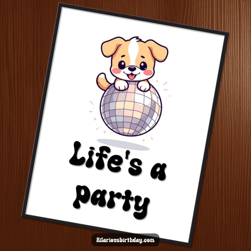 Funny kawaii dog character gleefully bouncing on a giant disco ball, creating a vibrant and fun poster.