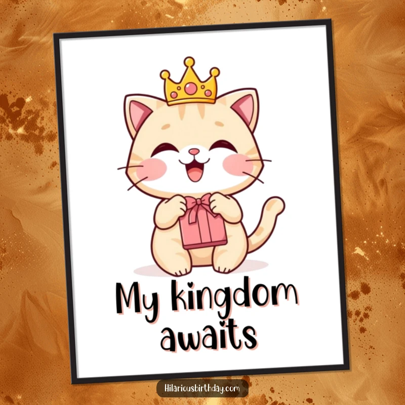 Funny poster art of a delighted cat wearing a tiny crown and holding a gift bag.