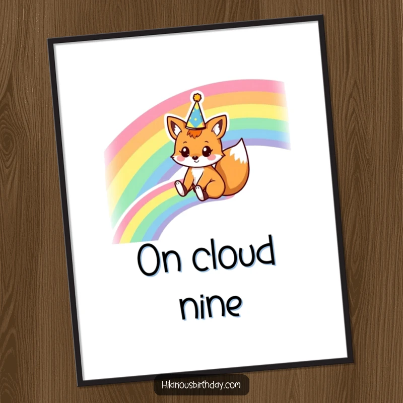 Funny poster print of a kawaii fox character sliding down a rainbow wearing a party crown, adding a dreamy and humorous touch to decor.