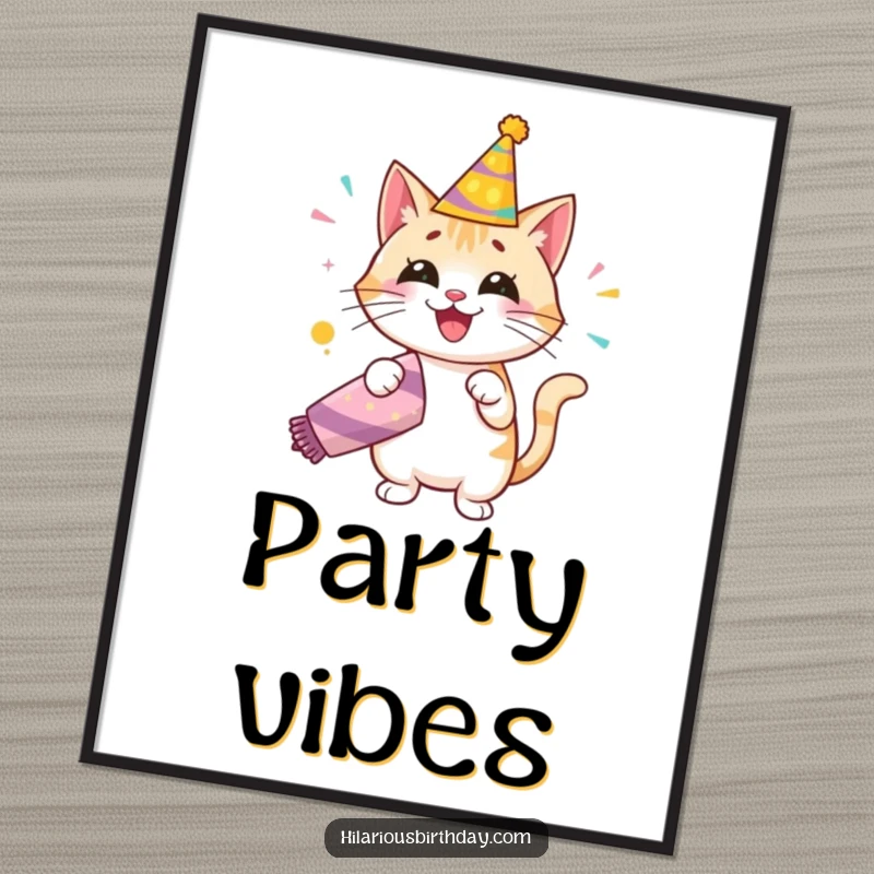 Funny poster illustration of a happy cat in a birthday hat, enthusiastically popping a giant party popper, bringing festive cheer to any room.