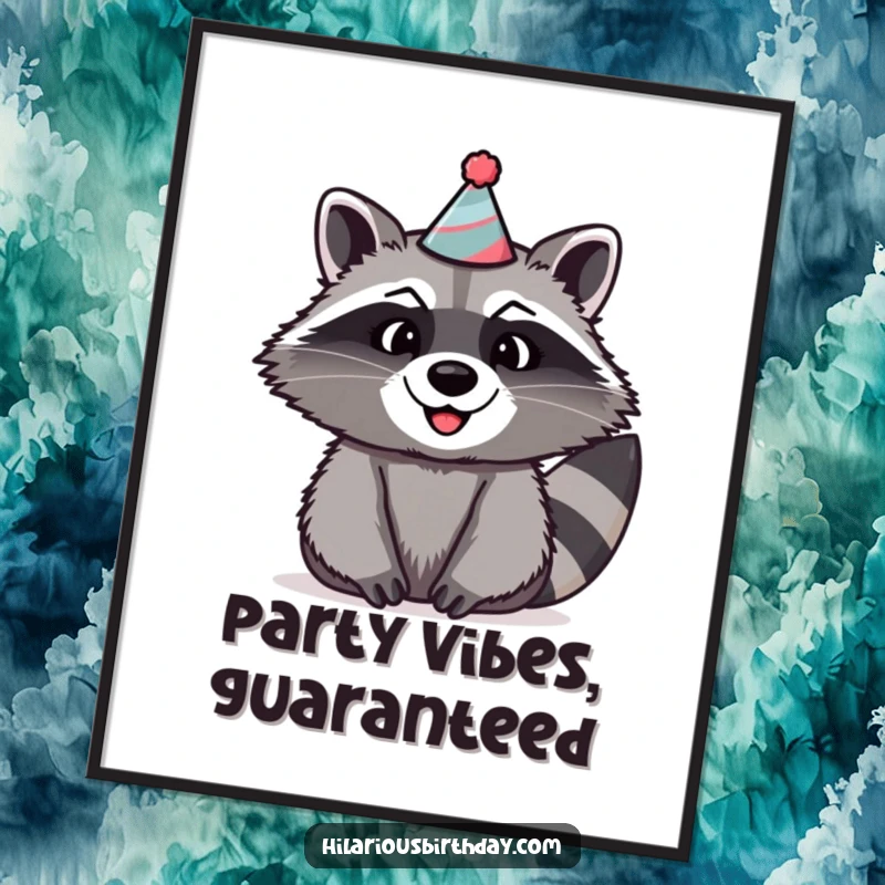 Funny raccoon poster print of a beaming raccoon wearing a large, silly party hat, looking very happy.