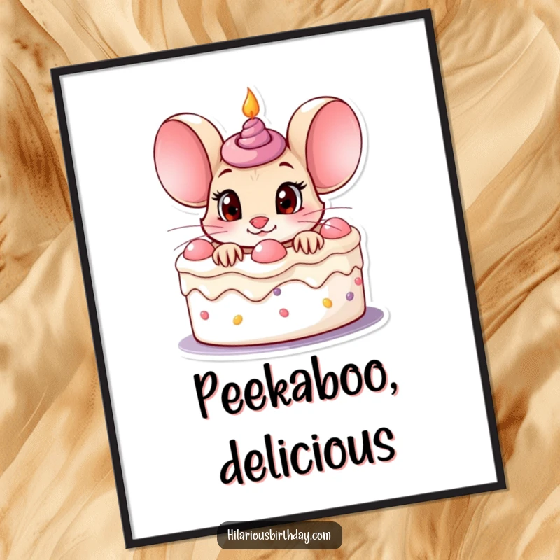 Funny curious mouse character peeking out of a birthday cake with wide eyes, printed as wall art poster.