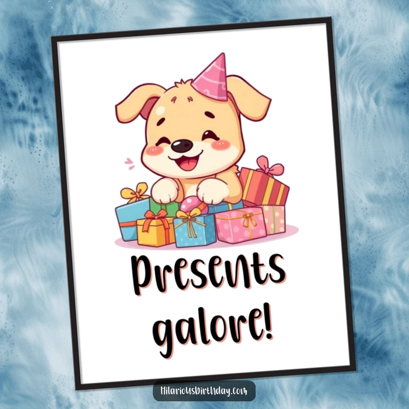 Funny kawaii dog poster, a smiling dog sitting beside a huge pile of colorful birthday presents, capturing a moment of pure bliss.