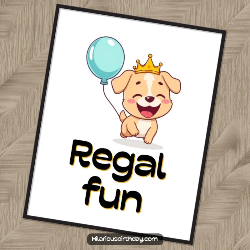 Funny poster illustration of a giggling dog in a crown, joyfully chasing a floating balloon, adding a whimsical touch to any room.