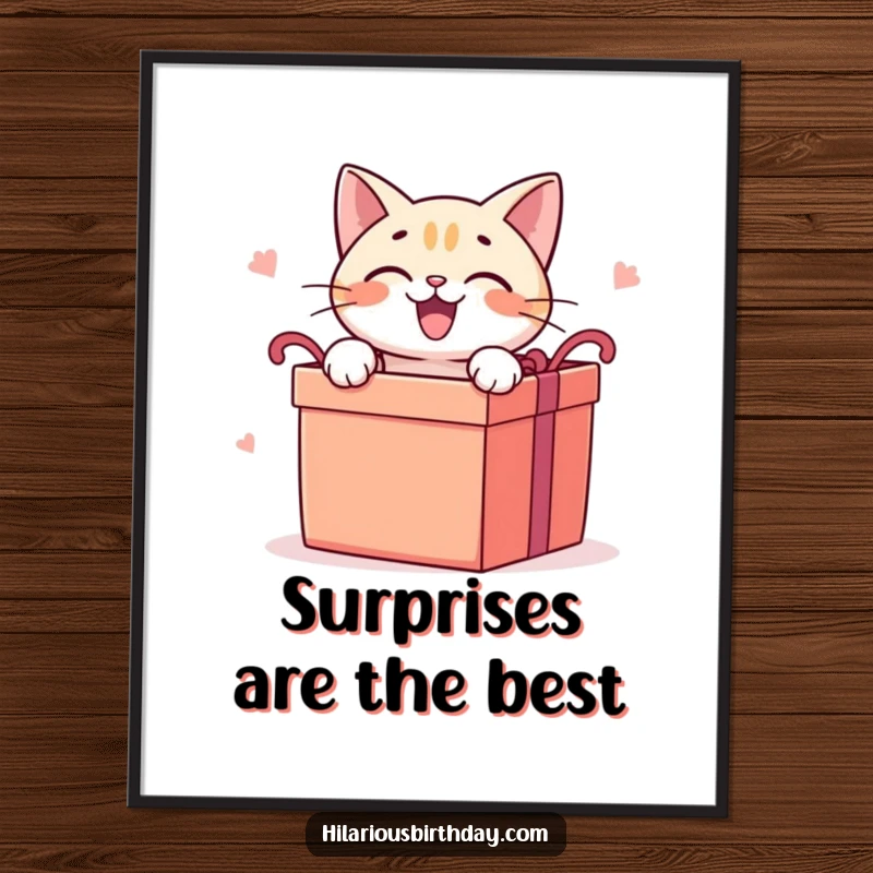 Funny cat poster art of a delighted cat character eagerly opening a large gift box, capturing festive excitement.