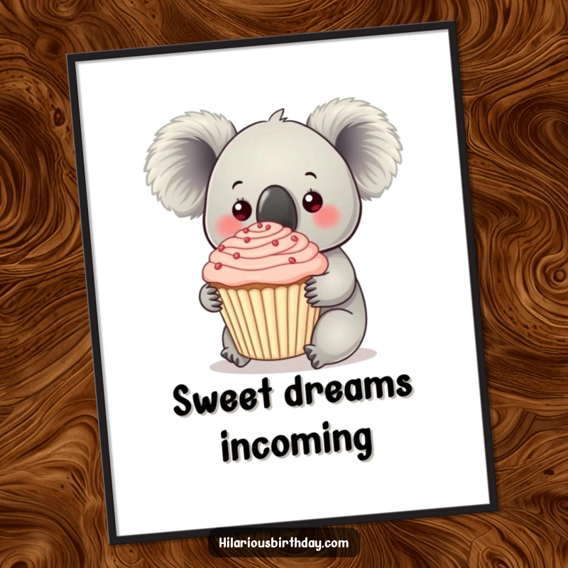 Funny curious koala holds a massive frosted cupcake on this poster, showcasing a delightful and humorous obsession.