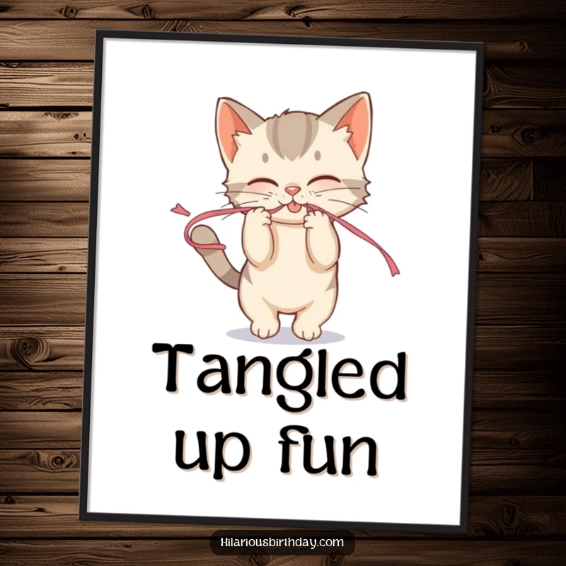 Funny mischievous kitten playfully tugging on a streamer, presented as a poster for playful and fun decor.