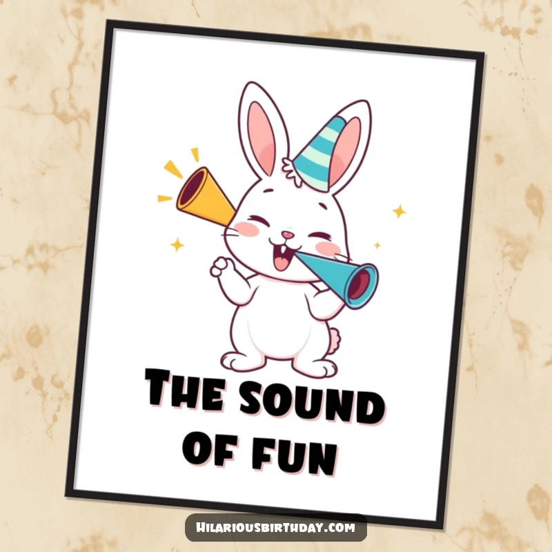 Funny bunny poster, a happy bunny character blowing enthusiastically on a party horn, energetic wall art.
