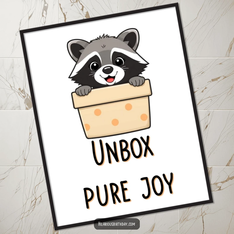 Funny raccoon poster art, a cute masked creature peeking from a brightly wrapped present. Adds humor to walls.