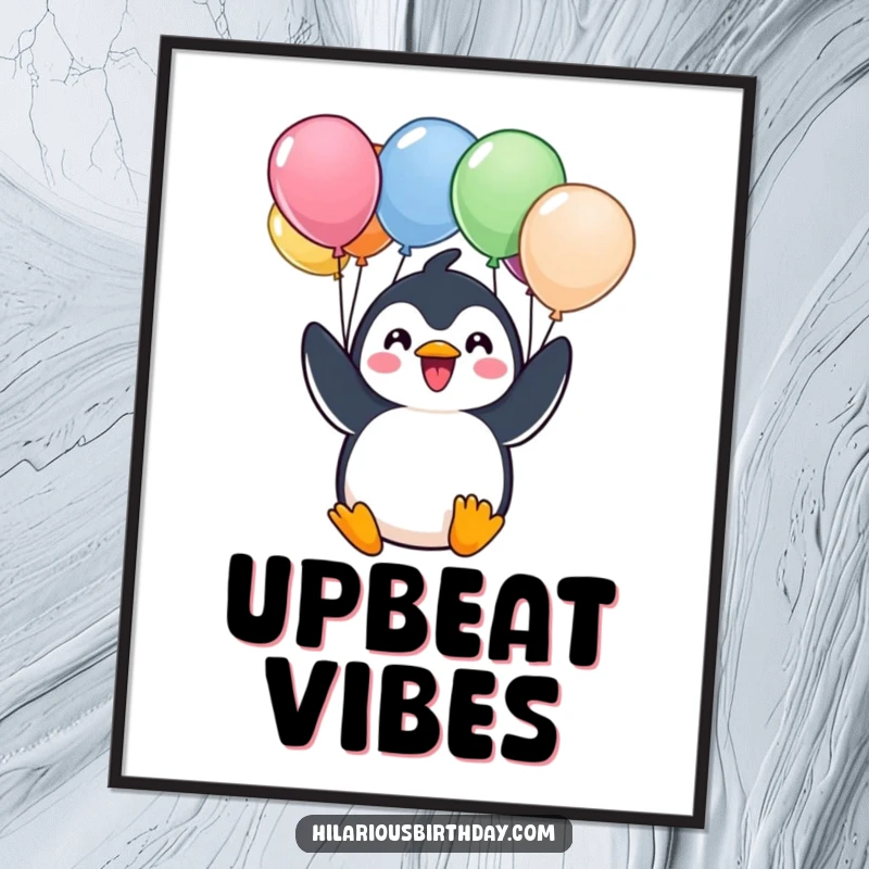 Funny poster print of a cheerful Kawaii penguin character excitedly holding a bunch of colorful balloons, embodying adorable celebration.