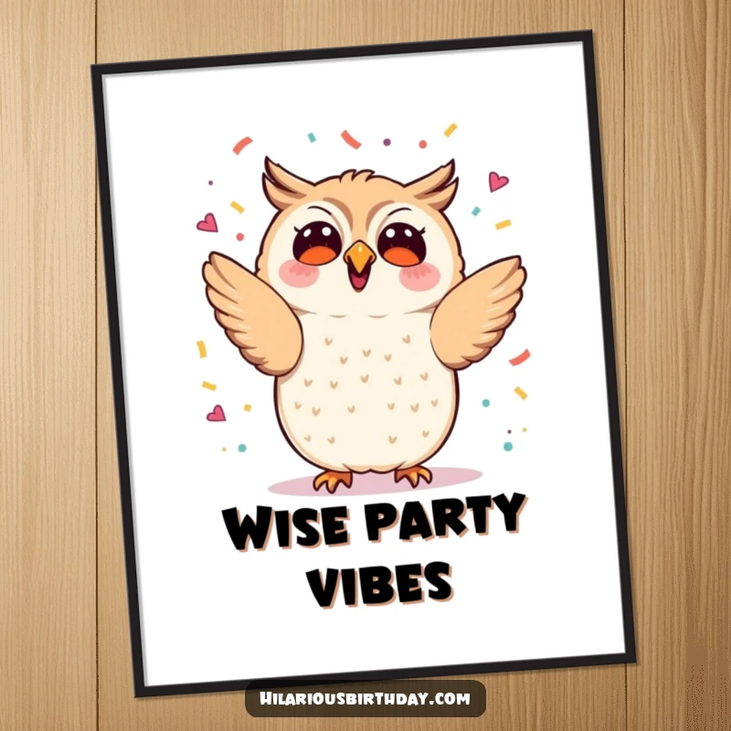 Funny kawaii owl enthusiastically tossing confetti, festive wall art, perfect funny gift for party decor lovers.