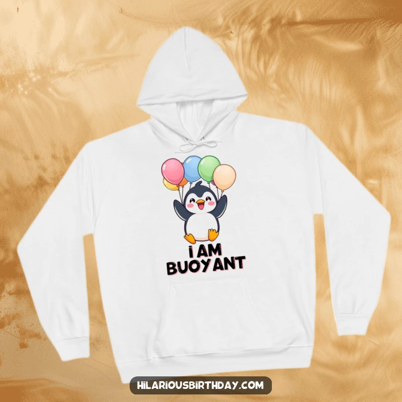 Funny hoodie showcasing a cheerful Kawaii penguin character excitedly holding a bunch of balloons, perfect for cozy happiness.