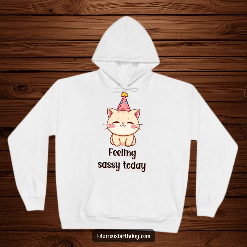 Funny kawaii cat character wearing a party hat and winking, cozy in a hoodie, a charming wearable item.
