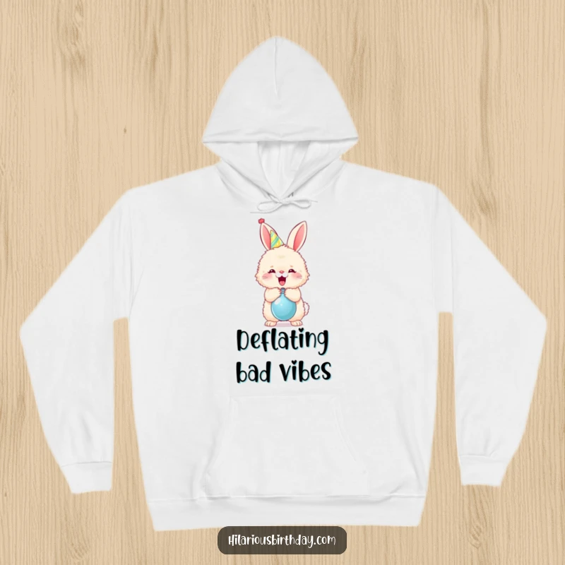 Funny fluffy bunny in a party hat popping a balloon on a cozy hoodie, perfect for celebratory comfort.
