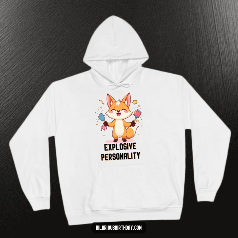 Funny gleeful fox character juggling exploding party poppers on this cozy hoodie, exuding energetic fun, a superb funny gift.