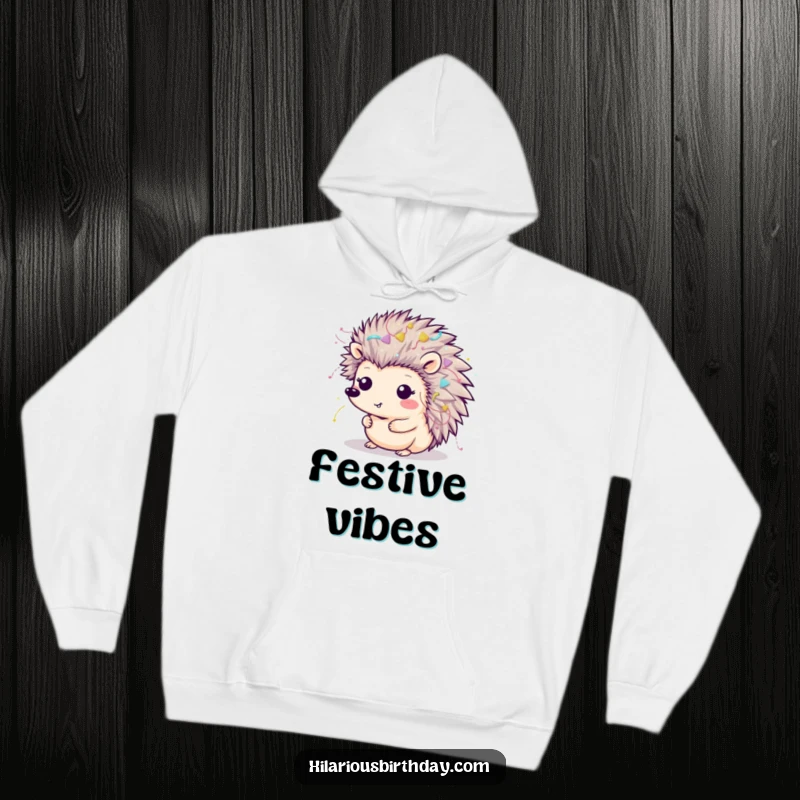 Funny Kawaii hedgehog covered in streamers and glitter on a cozy hoodie, ideal for a warm funny gift.