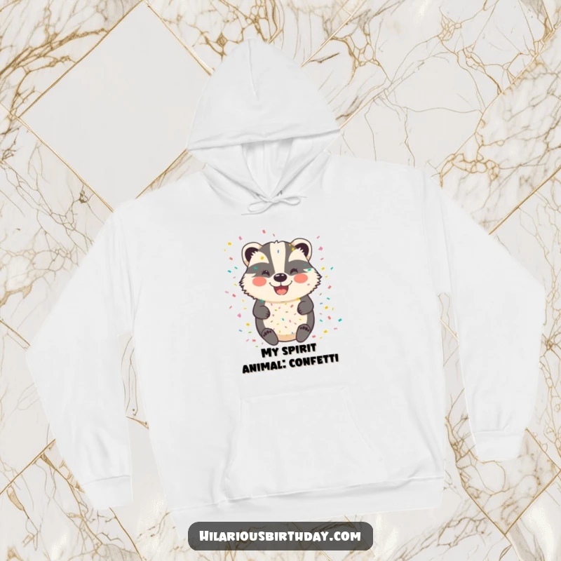 Funny badger hoodie showcasing a beaming, confetti-covered badger with a contagious, happy smile, perfect for cozy fun.
