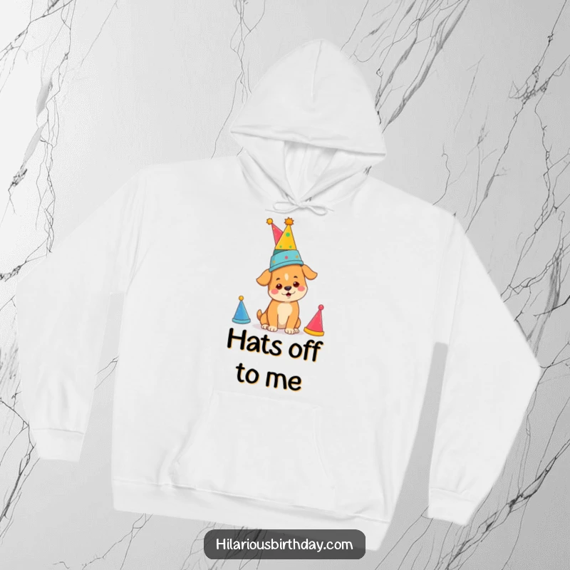 Funny determined dog balancing party hats, on a warm hoodie, perfect for cozying up with funny, focused vibes.