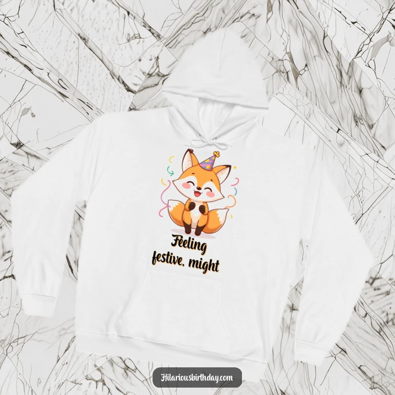 Funny Fox Party Hoodie: A cheerful fox in a party hat twirling with streamers, offering warmth and humor.