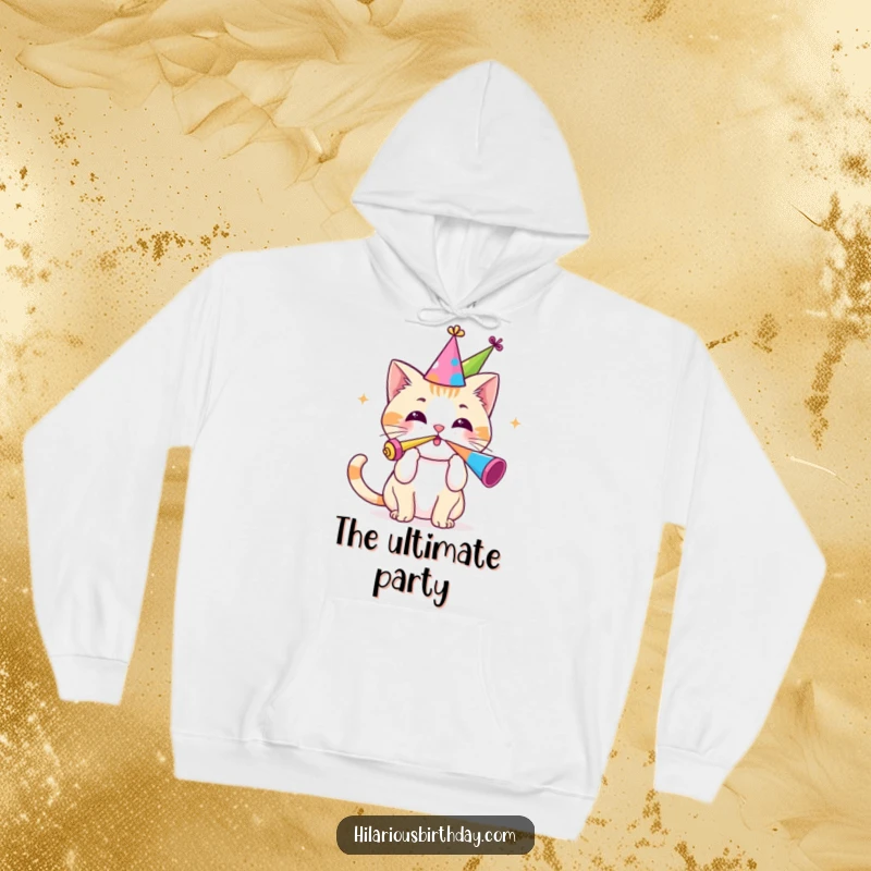 Funny hoodie with a charming Kawaii cat in a party hat, enthusiastically sounding a party horn for maximum festive vibes.