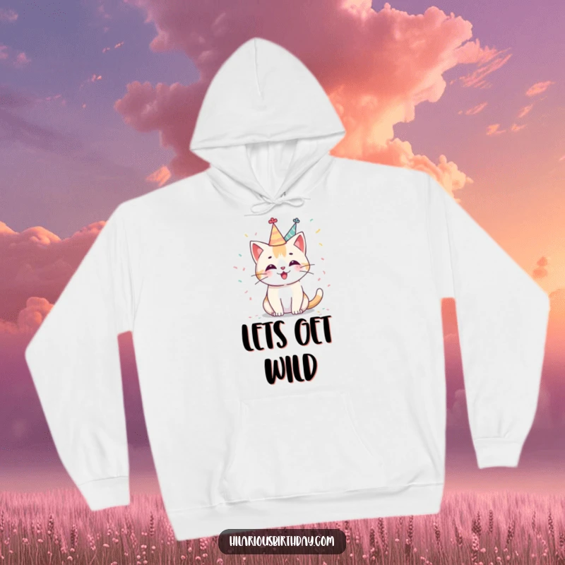 Funny Kawaii cat hoodie with a cute character wearing a party hat and tossing confetti, offering cozy comfort and a humorous, festive vibe.