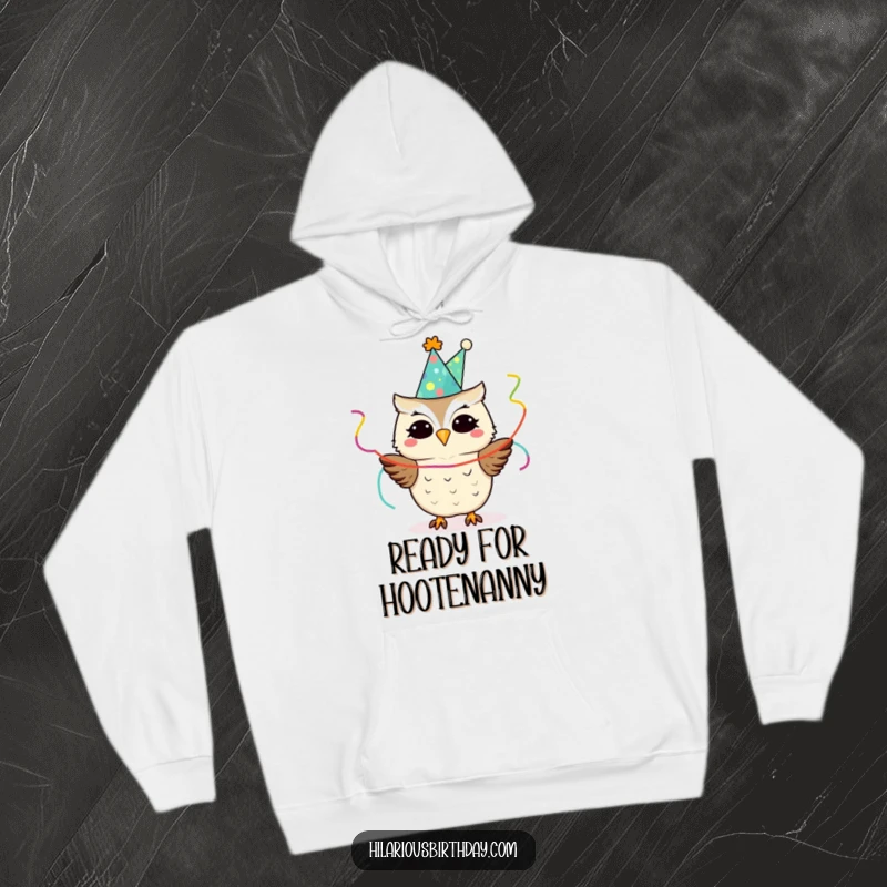 Funny owl with a party hat and streamers, on a warm hoodie, bringing festive and funny vibes.