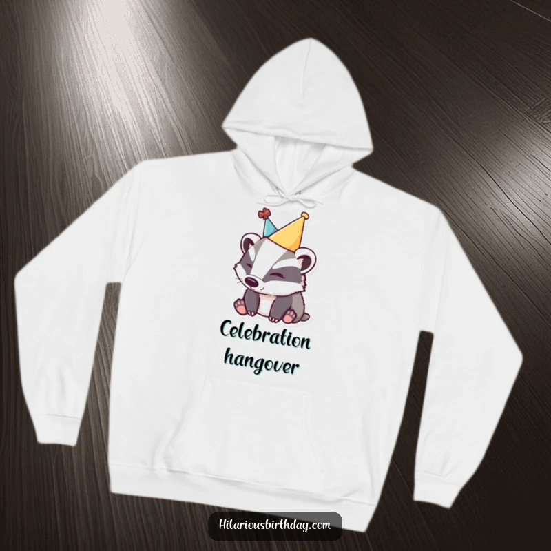 Funny sleepy badger hoodie depicting a badger with a party hat, embodying relaxed celebration and cozy warmth.