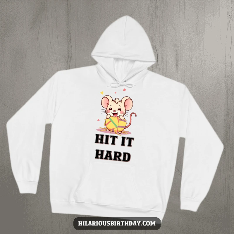 Funny Kawaii mouse smashing a piñata on a warm hoodie, ideal for a cozy funny gift.