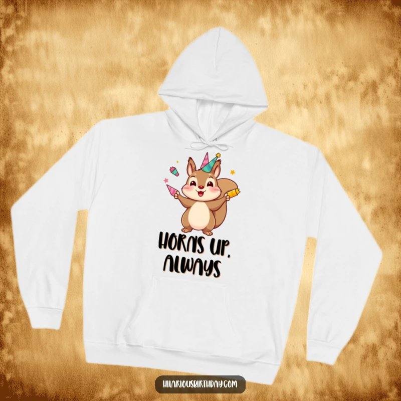 Funny hoodie featuring a kawaii squirrel character juggling brightly colored party horns, offering warmth and a dose of energetic humor.