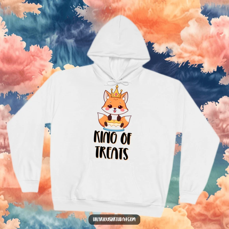 Funny Kawaii Fox Birthday Hoodie featuring a crowned kawaii fox proudly holding a birthday cake aloft, designed for cozy celebrations.