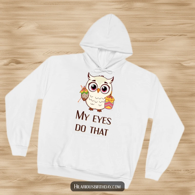 Funny Kawaii Owl Hoodie: A wide-eyed, shocked owl character watches a piñata, offering warmth and a comical moment, a great funny gift.