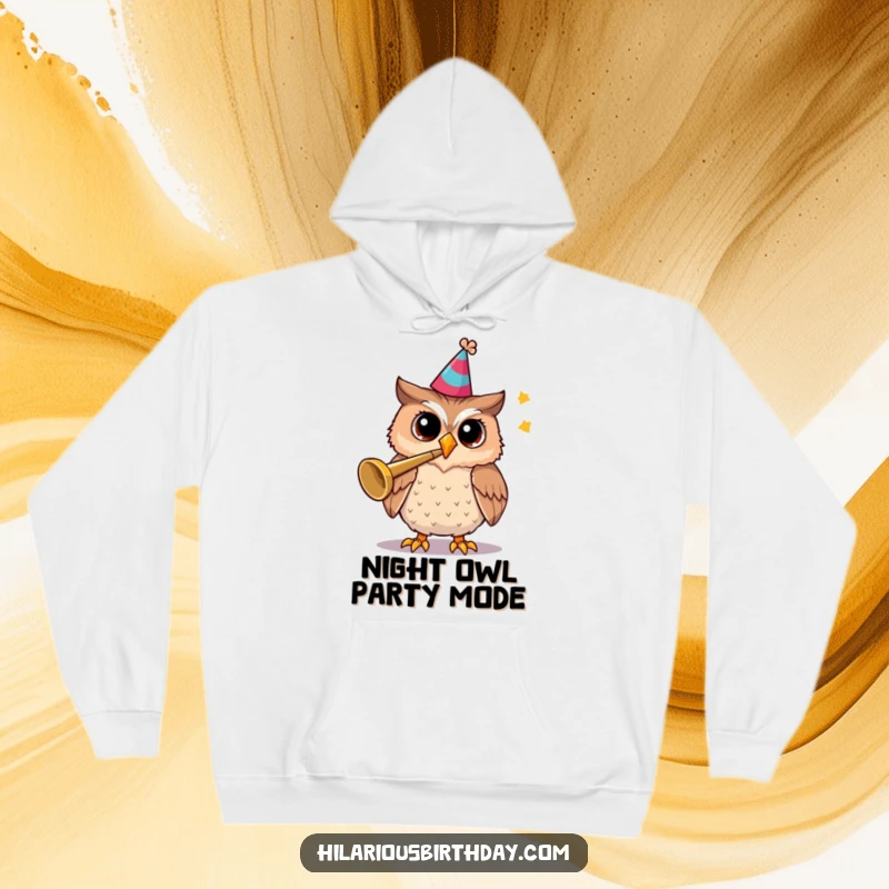 Funny hoodie featuring a cheerful owl wearing a party hat and tooting a trumpet.