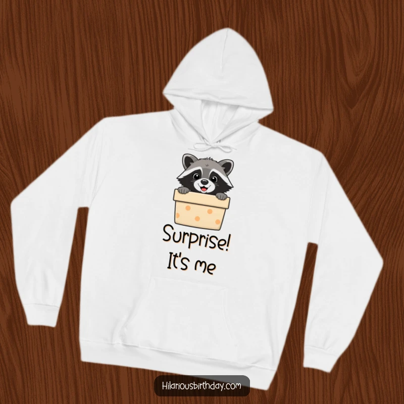 Funny raccoon hoodie design, a curious masked bandit peeking from an open gift box. Soft and snuggly humor.