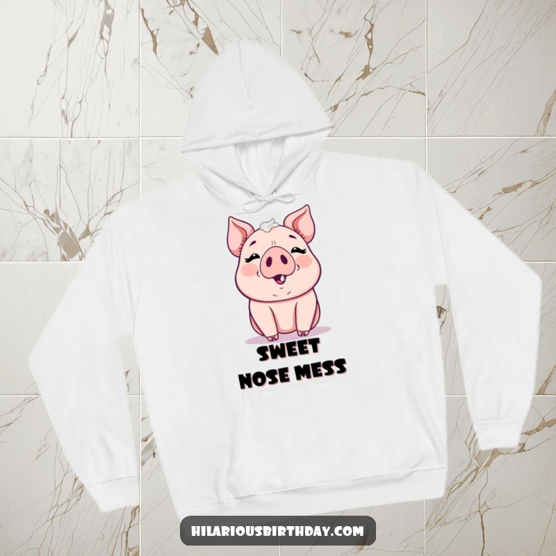 Funny kawaii pig smudging frosting on its nose, a cozy hoodie design, perfect funny gift for pig lovers.