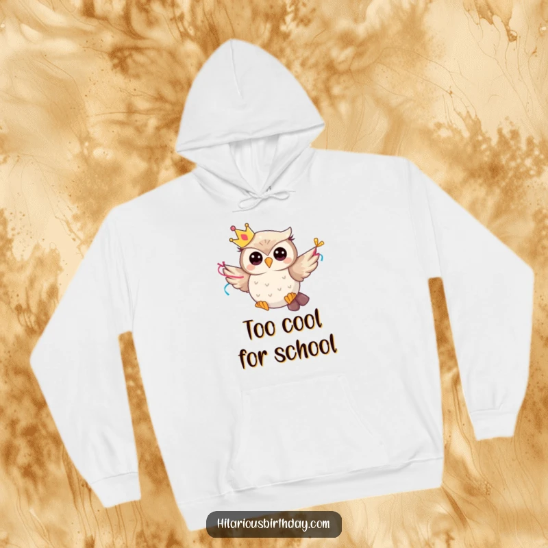 Funny whimsical owl in a party crown flying with a streamer, printed on a warm, comfortable hoodie.
