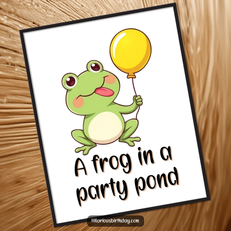 Funny Free Printable Wall Art: An energetic kawaii frog character joyfully popping a brightly colored balloon with its extended tongue.