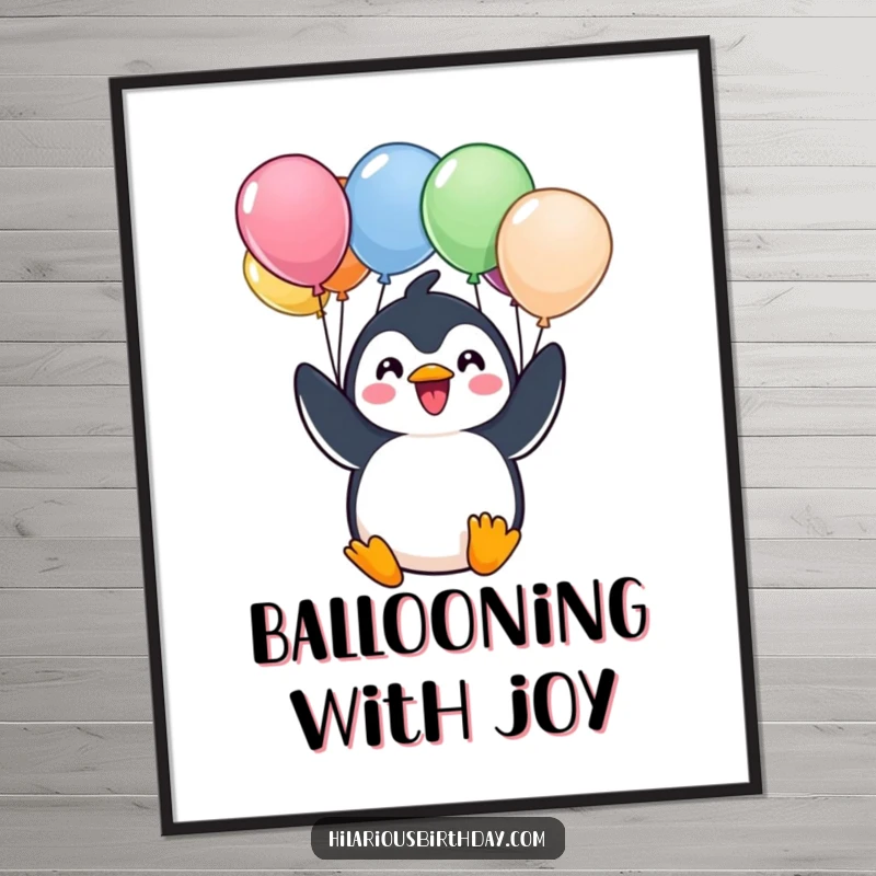 Funny Free Printable Wall Art: A cheerful Kawaii penguin character excitedly holds a big bunch of colorful balloons, radiating happiness.