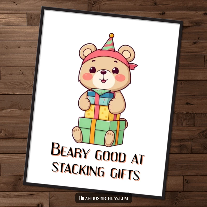 Funny Free Printable wall art of a smiling bear wearing a birthday bandana, gleefully stacking colorful gift boxes.