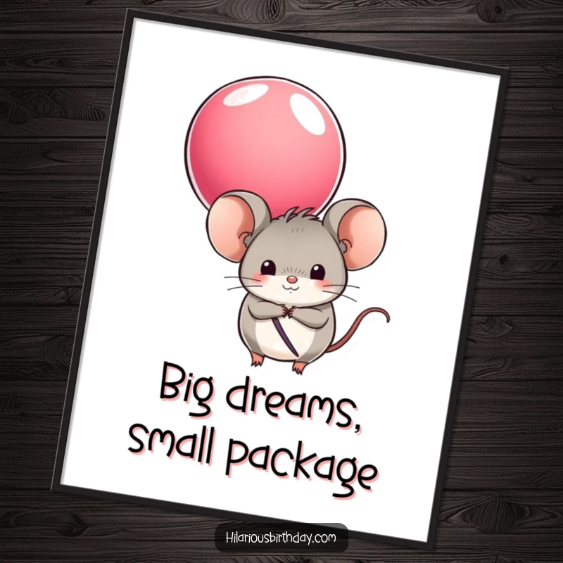 Funny Free Printable Wall Art of a round mouse character hiding behind a colorful balloon, creating a sense of playful mystery.