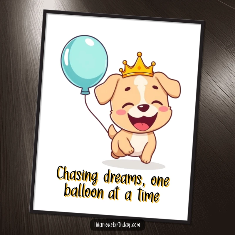 Funny Free Printable wall art of a giggling dog wearing a crown, gleefully chasing a floating balloon.